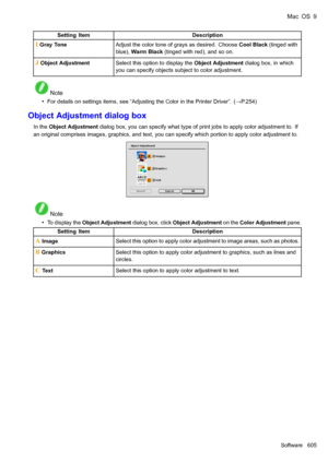 Page 619
 0DF26
 6HWWLQJ,WHPHVFULSWLRQ
 , *UD\7RQH$GMXVWWKHFRORUWRQHRIJUD\VDVGHVLUHG&KRRVH&RRO%ODFNWLQJHGZLWK
EOXH:DUP%ODFNWLQJHGZLWKUHGDQGVRRQ
 - 2EMHFW$GMXVWPHQW6HOHFWWKLVRSWLRQWRGLVSOD\WKH2EMHFW$GMXVWPHQWGLDORJER[LQZKLFK
\RXFDQVSHFLI\REMHFWVVXEMHFWWRFRORUDGMXVWPHQW
 1RWH
