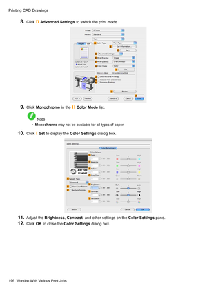 Page 210
 3ULQWLQJ&$UDZLQJV
  &OLFN  $GYDQFHG6HWWLQJVWRVZLWFKWKHSULQWPRGH
  &OLFN0RQRFKURPHLQWKH + &RORU0RGHOLVW
 1RWH
