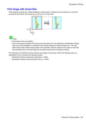 Page 305
 %RUGHUOHVV3ULQWLQJ
 3ULQW,PDJHZLWK$FWXDO6L]H
 3ULQWVRULJLQDOVDWDFWXDOVL]HZLWKRXWHQODUJLQJRUUHGXFLQJWKHP2ULJLQDOVPXVWEHSUHSDUHGLQDVL]HWKDW
H[FHHGVWKHGLPHQVLRQVRIWKHSDSHUE\PPLQRQHDFKVLGH
 1RWH
