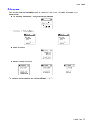 Page 69
 &RQWURO3DQHO
 6XEPHQXV
 (DFKWLPH\RXSUHVVWKH,QIRUPDWLRQEXWWRQRQWKH&RQWURO3DQHOSULQWHULQIRUPDWLRQLVGLVSOD\HGLQWKH
IROORZLQJRUGHU
 