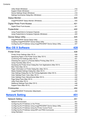 Page 8
v�  Contents
Contents

Ut � l � ty Sheet (W � ndows) ........................................................................\
...................................416
Support Sheet (W � ndows) ........................................................................\
...............................417
Dev � ce Sett � ngs Sheet (W � ndows) ........................................................................\
...................418
Sett � ngs Summar � es D � alog Box (W � ndows)...