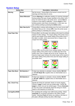 Page 81
 &RQWURO3DQHO
 6\VWHP6HWXS
 6HWWLQJ,WHPHVFULSWLRQ,QVWUXFWLRQV
 %X]]HU6HWWKHEX]]HU&KRRVH2QIRUWKHEX]]HUWRVRXQGRQFHIRU
ZDUQLQJVDQGWKUHHWLPHVIRUHUURUV
 HWHFW0LVPDWFK&KRRVH:DUQLQJIRUQRWL