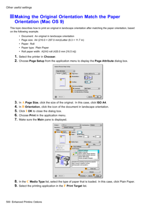 Page 514
 2WKHUXVHIXOVHWWLQJV
 0DNLQJWKH2ULJLQDO2ULHQWDWLRQ0DWFKWKH3DSHU
2ULHQWDWLRQ0DF26
 7KLVWRSLFGHVFULEHVKRZWRSULQWDQRULJLQDOLQODQGVFDSHRULHQWDWLRQDIWHUPDWFKLQJWKHSDSHURULHQWDWLRQEDVHG
RQWKHIROORZLQJH[DPSOH
 