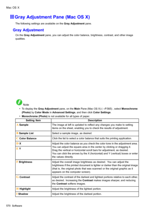 Page 584
 0DF26;
 *UD\$GMXVWPHQW3DQH0DF26;
 7KHIROORZLQJVHWWLQJVDUHDYDLODEOHRQWKH*UD\$GMXVWPHQWSDQH
 *UD\$GMXVWPHQW
 2QWKH*UD\$GMXVWPHQWSDQH\RXFDQDGMXVWWKHFRORUEDODQFHEULJKWQHVVFRQWUDVWDQGRWKHULPDJH
TXDOLWLHV
 1RWH
