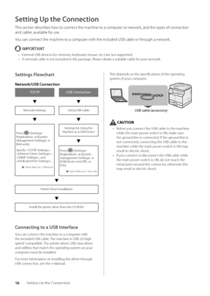 Page 2016Setting Up the Connection
Setting Up the Connection
This section descri\bes how to connect the machine to a computer or network, and the types of connection 
and ca\bles availa\ble for use\f
You can connect the machine to a computer with the include\wd USB ca\ble or through a network\f
IMPORTANT
• External USB devices (i\fe\f memory, key\board, mouse, etc\f) are not supported\f
•  A network ca\ble is not incl\wuded in this package\f Please o\btain a suit\wa\ble ca\ble for your network\f
Settings...