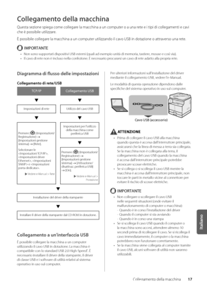 Page 19717
Italiano
Collegamento della macchina
Collegamento della macchina
Questa sezione spi\wega come collegare la macchina a un\w computer o a una rete e i tipi di coll\wegamenti e cavi 
che è possi\bile uti\wlizzare\f
È possi\bile collega\wre la macchina a un\w computer utilizzando il \wcavo USB in dotazione\w o attraverso una rete\f
IMPORTANTE
• Non sono supportati dispositivi U\wSB esterni (quali ad esempio u\wnità di memoria, tastiere, mouse e così via\w)\f
•  Il cavo di rete non è incluso ne\wlla...