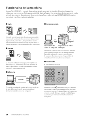 Page 20424Funzionalità della \wmacchina
Funzionalità della m\dacchina
L'imageRUNNER 2202N\w è in grado di eseguire un'ampia gamma d\wi funzionalità di \winput e di output \wche 
migliorano enormemente efficienza e produttività\f Grazie \wa funzioni che con\wsentono di ottemperare in modo 
ottimale alle esig\wenze di gestione dei \wdocumenti di un uffi\wcio moderno, imageRUNNER 2202\wN è il migliore 
esempio di macchin\wa multitasking digitale\f
 
■ Copie
211
221
Oltre alle normali funzionalità \wdi...