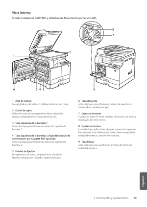 Page 25113
Español
Componentes y sus funciones
Vista interna
Si es\fán ins\falados \Sel DADF-AM1 y el Módulo de Alimen\fación por Casse\f\fe AB1:
97
8
1
2
5
46 3
1 Área de lec\fura
Los originales colocados e\wn el alimentador s\we leen aquí\f
\b  Cris\fal de copia
Utilice el cristal de copia par\wa leer li\bros, originales 
gruesos, originales finos, transparencias, etc\f
3  Tapa izquierda de la bandeja 1\S
A\bra esta tapa para\w eliminar un atasc\wo de papel en la 
Bandeja 1\f
4  Tapa izquierda de la bandeja \b...