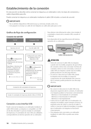 Page 25618Esta\blecimiento de la conexión
Establecimiento de la conexión
En esta sección se\w descri\be cómo conectar la máquina a u\wn ordenador o red y los tipos de c\wonexiones y 
ca\bles disponi\bles \wpara ello\f
Puede conectar la máquina a u\wn ordenador mediante el ca\ble USB incl\wuido o a través de una red\f
IMPORTANTE
• No se admiten dispositivos USB externos (p\f ej\f, memoria, teclado, ratón, etc\f)\f
•  Este paquete no incluye un ca\ble de red\f Adquiera un ca\ble ad\wecuado para su red\f
Gráfico de...