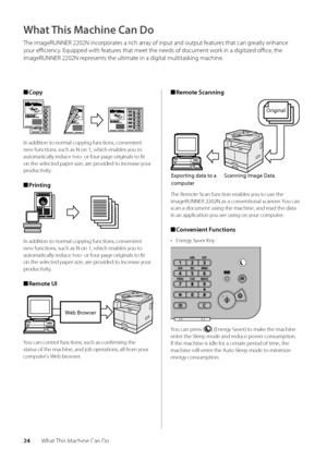 Page 2824What This Machine Can Do
What This Machine Can Do
The imageRUNNER 220\w2N incorporates a rich array of input and outp\wut features that can greatly enhance 
your efficiency\f Equipped with features that meet the n\weeds of document work in a digitized office, the 
imageRUNNER 2202N \wrepresents the ultimat\we in a digital multitasking machine\f
 
■ Copy
211
221
In addition to normal copying functions, convenient 
new functions, such as N on 1, \wwhich ena\bles you to 
automatically reduce two- or...