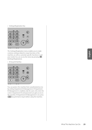 Page 2925
English
What This Machine Can Do
• Settings/Registration Key
The Settings/Registration menu ena\w\bles you to make 
common settings related to many functions of the 
machine, as well as customize specific functions to suit 
your needs\f You can access the \wmenu \by pressing [
] 
(Settings/Registration)\f
•  ID (Log In/Out) Key
You can protect the machine from unauthorized access 
\by setting Department ID Management\f If Department 
ID Management is ena\ble\wd, only the users wh\wo enter the 
correct...