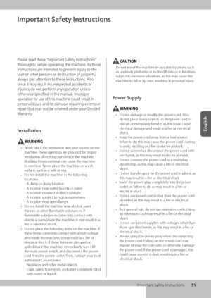 Page 5551
English
Important Safety Instructions
Important Safety Instructions
Please read these "Important Safety Instructions" 
thoroughly \before operating the ma\wchine\f As these 
instructions are intended to prevent injury to the 
user or other pers\wons or destruction of property, 
always pay attention to these instructions\f Also, 
since it may result in unexpected accidents or 
injuries, do not perform any operation unless \w
otherwise specified in th\we manual\f Improper 
operation or use o\wf...