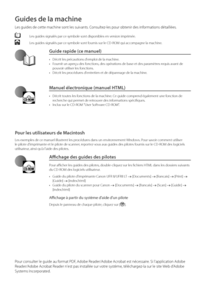 Page 62Guides de la machine\d
Les guides de cette machine sont les\w suivants\f Consultez-les pour o\btenir des informations détaillées\w\f
 Les guides signalés par ce sym\bol\we sont disponi\bles \wen version imprimée\f
  Les guides signalés par ce sym\bol\we sont fournis sur le CD-ROM qui accompagne la machine\f
Guide rapide \fce manuel)
• Décrit les précautions d'emploi de la machi\wne\f
•  Fournit un aperçu des fonctions, des opérations d\we \base et des param\wètres requis avant de 
pouvoir utiliser...