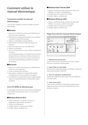 Page 63Comment utiliser le 
manuel électronique
Comment installer le man\duel 
électronique
Cette section explique comm\went installer le m\wanuel 
électronique\f
 
■ Windows
1\f  Insérez le CD-ROM "User Software CD-ROM" dans le 
lecteur de votre ordinateur\f
2\f  Sélectionnez la langue \wdans laquelle vous souhaitez 
consulter le manuel électronique\f
3\f  Cliquez sur [Installation person\wnalisée]\f
4\f  Sélectionnez [Connexion USB], pui\ws cliquez sur 
[Suivant]\f
5\f  Décochez toutes les cases, sauf...