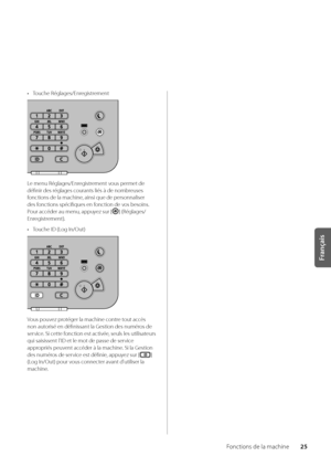 Page 8725
Français
Fonctions de la machin\we
• Touche Réglages/Enregistrement
Le menu Réglages/Enregistrement vous permet de 
définir des réglages courants l\wiés à de nom\breuses 
fonctions de la machin\we, ainsi que de per\wsonnaliser 
des fonctions spécifiques e\wn fonction de vos \besoins\f 
Pour accéder au men\wu, appuyez sur [
] (Réglages/
Enregistrement)\f
•  Touche ID (Log In/Out)
Vous pouvez protéger la machine co\wntre tout accès 
non autorisé en définissant \wla Gestion des numéros de 
service\f Si...