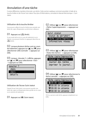 Page 9331
Français
Annulation d'une t\wâche
Annulation d'une tâche
Il existe différentes manières d'annuler une t\wâche\f Cette section explique comm\went procéder à l'aide de\w la 
touche Arrêter et de l'écran Suivi statut\w\f Pour plus d'informations, consultez le Manuel électronique > Suivi 
statut\f
Utilisation de la touche Arrêter
Vous pouvez utiliser la touche Arrêter pour annuler un\we 
tâche de copie, d'impression ou de lecture à distance\f
01 Appuyez sur [] (Arrê\f).
Si une...