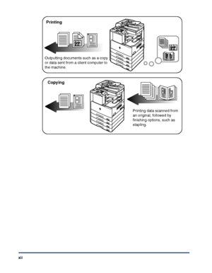 Page 14xii
Printing
Outputting documents such as a copy 
or data sent from a client computer to 
the machine.
Copying
Printing data scanned from 
an original, followed by 
finishing options, such as 
stapling.
 