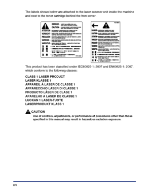 Page 16xiv
The labels shown below are attached to the laser scanner unit inside the machine 
and next to the toner cartridge behind the front cover.
This product has been classified under IEC60825-1: 2007 and EN60825-1: 2007, 
which conform to the following classes:
CLASS 1 LASER PRODUCT
LASER KLASSE 1
APPAREIL Á LASER DE CLASSE 1
APPARECCHIO LASER DI CLASSE 1
PRODUCTO LÁSER DE CLASE 1
APARELHO A LASER DE CLASSE 1
LUOKAN 1 LASER-TUOTE
LASERPRODUKT KLASS 1
CAUTION
Use of controls, adjustments, or performance of...