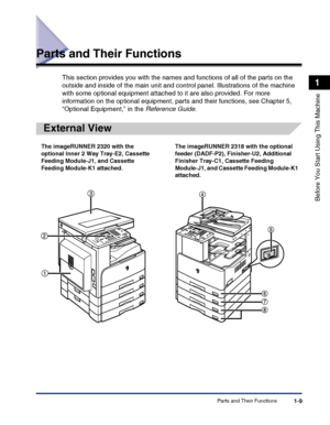 Page 39Parts and Their Functions1-9
Before You Start Using This Machine
1
Parts and Their Functions
This section provides you with the names and functions of all of the parts on the 
outside and inside of the main unit and control panel. Illustrations of the machine 
with some optional equipment attached to it are also provided. For more 
information on the optional equipment, parts and their functions, see Chapter 5, 
“Optional Equipment,” in the Reference Guide.
External View
The imageRUNNER 2320 with the...