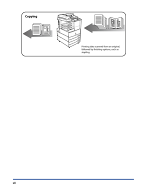 Page 14
xii

 
Printing data scanned from an original, followed by fnishing options, such as stapling.
Copying
 