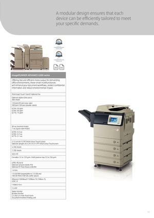 Page 1919
A modular design ensures that each 
device can be efficiently tailored to meet 
your specific demands.
*  Requires image reader, printer-only version is available
imageRUNNER ADVANCE 500i/400i seriesimageRUNNER ADVANCE 4200 seriesimageRUNNER ADVANCE 6200 series
Suitable for busy workgroups and departments, these compact imageRUNNER ADVANCE devices offerefficient mono output and intelligent document handling to optimise your workflows, save you money and secure your confidential information.
Efficient...