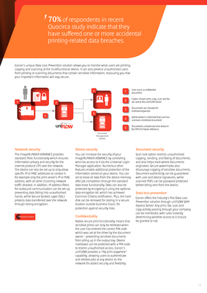 Page 1313
Network security
The imageRUNNER ADVANCE provides 
standard IPsec functionality which ensures 
information privacy and security for the 
internet protocol (IP) over the network.  
The device can also be set-up to only allow 
specific IP or MAC addresses to contact it,  
for example only the print server’s IP or MAC 
address, with all other incoming network 
traffic blocked. In addition, IP address filters 
for outbound communication can be set-up, 
preventing data falling into unauthorised 
hands,...