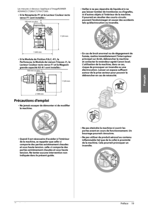 Page 107Français
19
 Préface 
1
 Les mesures ci-dessous s’applique à l’imageRUNNER 
ADVANCE C7280i/C7270i/C7260i. 
•  Si le Réceptacle-P1 et le Lecteur Couleur recto 
verso-F1 sont installés : 
 
1 644 mm
100 mm ou plus
1 524 mm  
•  Si le Module de Finition P.A.C.-K1, la 
Perforeuse, le Module de Liaison Trieuse-J1, le 
Lecteur Couleur recto verso-F1 et le Magasin 
grande capacité A3-A1 sont installés : 
 2 598 mm
100 mm ou plus
1 524 mm
  
 Précautions  d’emploi 
•  Ne jamais essayer de démonter ni de modifi...