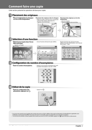 Page 13042  Flux des opérations de base 2
   Comment  faire  une  copie 
  
 Cette section présente les opérations de base pour copier. 
   1 Placement des originaux 
Ô
 Placer l’original dans le chargeur 
ou sur la vitr e d’
exposition. 
  
 Placement des originaux dans le chargeur 
• 
 Régler les guides coulissants pour correspondre 
au format des originaux. Bien placer les 
originaux, recto vers le haut. 
  
  
 Placement des originaux sur la vitre 
d’exposition • 
 Ouvrir le chargeur. •  Placer les...