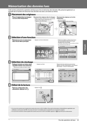 Page 133Français
45
 Flux des opérations de base 
2
   Mémorisation des données lues  
  
 Cette section présente les opérations de base pour lire et mémoriser des données. Elle présente également un 
exemple de la manière de mémoriser des données lues dans une boîte aux lettres.   
   1 Placement des originaux 
Ô
 Placer l’original dans le chargeur 
ou sur la vitr e d’
exposition.  Placement des originaux dans le chargeur 
• 
 Régler les guides coulissants pour correspondre 
au format des originaux. Bien...