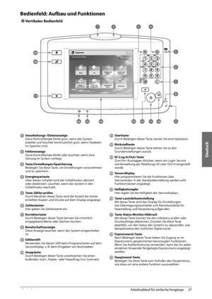 Page 211Deutsch
37
 Arbeitsablauf für einfache Vorgänge 
2
 Bedienfeld: Aufbau und Funktionen 
 
Ô Vertikales  Bedienfeld 
 
1234
5
6
7
8
910111213141516
17
18
19  
  Verarbeitungs-/Datenanzeige 
 Diese Kontrolllampe blinkt grün, wenn das System 
arbeitet und leuchtet kontinuierlich grün, wenn Faxdaten 
im Speicher sind. 
 
 Fehleranzeige   Diese Kontrolllampe blinkt oder leuchtet, wenn eine 
Störung im System vorliegt. 
 
 Taste Einstellungen/Speicherung   Betätigen Sie diese Taste, um Einstellungen...