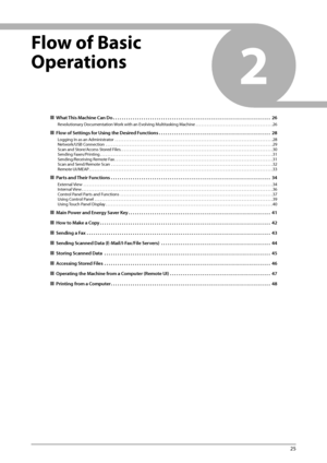 Page 2725
2
    Flow  of  Basic 
Operations  
 
ÙWhat This Machine Can Do . . . . . . . . . . . . . . . . . . . . . . . . . . . . . . . . . . . . \
. . . . . . . . . . . . . . . . . . . . . . . . . . . . . . . . . . . .  26
Revolutionary Documentation Work with an Evolving Multitasking Machine . . . . . . . . . . . . . . . . . . . . . . . . . . . .  . . . . . . . . . . . . . . 26
 
ÙFlow of Settings for Using the Desired Functions  . . . . . . . . . . . . . . . . . . . . . . . . . . . . . . . . . . . .\
 . ....