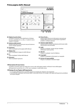 Page 269Italiano
9
 Prefazione 
1
 Prima pagina dell’e-Manual 
 
21
3456
7
8
9101112 
   Digitare la parola chiave 
 Immettere una parola chiave nella fi  nestra di dialogo 
di ricerca, quindi fare clic su 
. I risultati di ricerca 
vengono visualizzati. 
 
  Selezione dalle funzioni   Vengono descritte le istruzioni per ciascuna funzione e 
ciascun metodo operativo. 
 
 [Superiore]   Viene visualizzata la prima pagina dell’e-Manual. 
 
 [Mappa sito]   Viene visualizzata la mappa sito dell’e-Manual. 
 
 [?]...