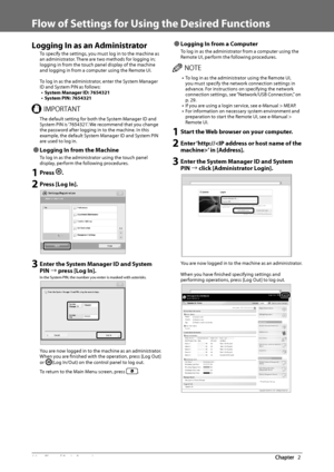 Page 3028  Flow of Basic Operations 2
   Flow of Settings for Using the Desired Functions 
 Logging In as an Administrator 
 To specify the settings, you must log in to the machine as 
an administrator. There are two methods for logging in; 
logging in from the touch panel display of the machine 
and logging in from a computer using the Remote UI. 
  
 To log in as the administrator, enter the System Manager 
ID and System PIN as follows: 
•  System Manager ID: 7654321 •  System PIN: 7654321 
 *.1035/5  The...