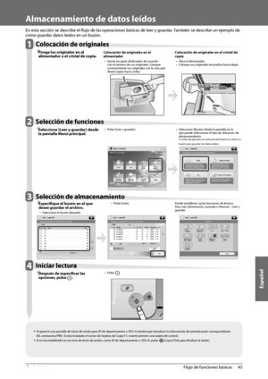 Page 391Español
45
 Flujo de funciones básicas 
2
   Almacenamiento de datos leídos  
  
 En esta sección se describe el fl  ujo de las operaciones básicas de leer y guardar. También se describe un ejemplo de 
cómo guardar datos leídos en un buzón.  
   1 Colocación de originales 
Ô  Ponga los originales en el 
alimen tador o el cristal de c
opia.  Colocación de originales en el 
alimentador 
• 
 Ajuste las guías deslizantes de acuerdo 
con el tamaño de sus originales. Coloque 
correctamente sus originales con...