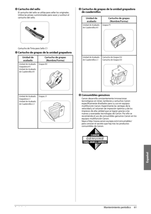 Page 407Español
61
 Mantenimiento  periódico 
3
 
Ô Cartucho del sello 
 El cartucho del sello se utiliza para sellar los originales. 
Utilice las pinzas suministradas para sacar y sustituir el 
cartucho del sello. 
   
 Cartucho de Tinta para Sello C1 
 
Ô  Cartucho de grapas de la unidad grapadora 
Unidad de 
acabado Cartucho de grapas
(Nombre/Forma)
Unidad de Acabado 
Grapadora K1
Unidad de Acabado 
de Cuadernillos K1 Grapas N1
Unidad de Acabado 
Grapadora L1
Unidad de Acabado 
de Cuadernillos L1Grapas J1...