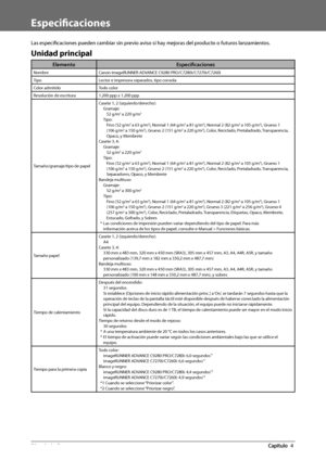 Page 41670  Apéndice 4
   Especifi caciones 
 Las  especifi  caciones pueden cambiar sin previo aviso si hay mejoras del producto o futuros lanzamientos. 
 Unidad  principal 
Elemento Especifi caciones
Nombre Canon imageRUNNER ADVANCE C9280 PRO/C7280i/C7270i/C7260i
Tipo Lector e impresora separados, tipo consola
Color admitido Todo color
Resolución de escritura 1.200 ppp x 1.200 ppp
Tamaño/gramaje/tipo de papel Casete 1, 2 (izquierdo/derecho):
Gramaje:52 g/m
2 a 220 g/m2
Tipo:Fino (52 g/m2 a 63 g/m2), Normal 1...