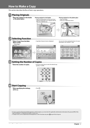 Page 4442  Flow of Basic Operations 2
   How to Make a Copy 
  
 This section describes the fl ow of basic copy operations. 
   1 Placing Originals 
Ô
 Place the original on the feeder 
or the pla ten glass
. 
  
 Placing originals in the feeder 
• 
 Adjust the slide guides to fi t the size of your 
originals. Neatly place your originals with the 
side to be copied face up. 
  
  
 Placing originals on the platen glass • 
 Open the feeder. •  Place your originals face down.   
   2 Selecting Function 
Ô...