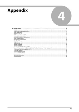 Page 7169
4
    Appendix  
 
ÙSpecifi  cations  . . . . . . . . . . . . . . . . . . . . . . . . . . . . . . . . . . . .\
 . . . . . . . . . . . . . . . . . . . . . . . . . . . . . . . . . . . . . . . . . . . . . . . .  70
Main Unit . . . . . . . . . . . . . . . . . . . . . . . . . . . . . . . . . . . . \
. . . . . . . . . . . . . . . . . . . . . . . . . . . . . . . . . . . . . . . . . . . . . . . . . . . . . . . . . . . \
. . . . . . . . . . . . 70
Duplex Color Image Reader Unit-F1. . . . . . . . . . . . . . ....