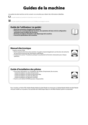 Page 90   Guides  de  la  machine 
 Les guides de cette machine sont les suivants. Les consulter pour obtenir des informations détaillées. 
   Les guides signalés par ce symbole sont disponibles en version imprimée. 
 
  Les guides signalés par ce symbole sont fournis sur le CD-ROM qui accompagne la machine. 
  
  
  
 Pour visualiser un fi  chier PDF, Adobe Reader/Adobe Acrobat Reader est nécessaire. Si Adobe Reader/Adobe Acrobat Reader 
n’est pas installé sur le système, il est possible de le télécharger...