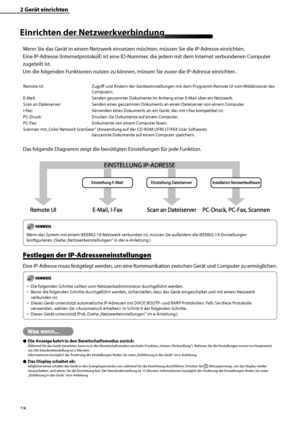 Page 122
18

2	Gerät	einrichten
Einrichten	der	Netzwerkverbindung
Wenn Sie das Gerät in einem Netzwerk einsetzen möchten, müssen Sie die IP-Adresse einrichten.
Eine IP-Adresse (Internetprotokoll) ist eine ID-Nummer, die jedem mit dem Internet verbundenen Computer 
zugeteilt ist.
Um die folgenden Funktionen nutzen zu können, müssen Sie zuvor die IP-Adresse einrichten.
Remote UI: Zugriff und Ändern der Geräteeinstellungen mit dem Programm Remote UI vom Webbrowser des 
Computers.
E-Mail:  Senden gescannter...