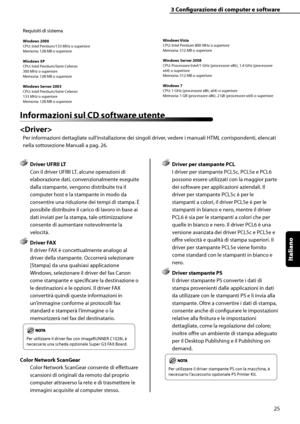 Page 181
Italiano

3	Configurazione	di	computer	e	software
25
Requisiti di sistema
Windows	2000CPU: Intel Pentium/133 MHz o superioreMemoria: 128 MB o superiore
Windows	XP
CPU: Intel Pentium/Serie Celeron300 MHz o superioreMemoria: 128 MB o superiore
Windows	Server	2003
CPU: Intel Pentium/Serie Celeron133 MHz o superioreMemoria: 128 MB o superioreWindows	
Vista
CPU: Intel Pentium 800 MHz o superioreMemoria: 512 MB o superiore
Windows	Server	2008
CPU: Processore Intel/1 GHz (processore x86), 1,4 GHz (processore...