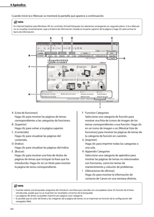 Page 252
44

4	Apéndice
Cuando inicie la e-Manual, se mostrará la pantalla que aparece a continuación.
En Internet Explorer para Windows XP, los controles ActiveX bloquean los elementos emergentes en segundo plano. Si la e-Manual 
no se visualiza correctamente, vaya a la barra de información situada en la parte superior de la página y haga clic para activar la 
barra de información.
A [Lista de funciones] 
Haga clic para mostrar las páginas de temas 
correspondientes a las categorías de funciones.
B  [Superior]...