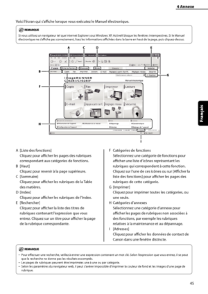 Page 97
45
Français

4	Annexe
Voici l’écran qui s’affiche lorsque vous exécutez le Manuel électronique.
Si vous utilisez un navigateur tel que Internet Explorer sous Windows XP, ActiveX bloque les fenêtres intempestives. Si le Manuel 
électronique ne s’affiche pas correctement, lisez les informations affichées dans la barre en haut de la page, puis cliquez-dessus.
A [Liste des fonctions] 
Cliquez pour afficher les pages des rubriques 
correspondant aux catégories de fonctions.
B  [Haut]
 
Cliquez pour revenir à...