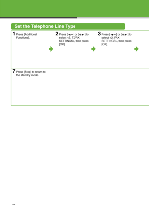 Page 18
Set the Telephone Line Type
1Press [Additional 
Functions].2Press [ ] or [ ] to 
select , then press 
[OK].3Press [ ] or [ ] to 
select , then press 
[OK].
7Press [Stop] to return to 
the standby mode.
17
 