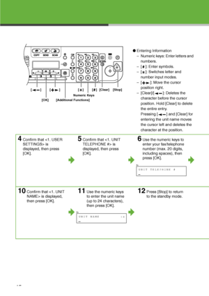 Page 16
15
●Entering Information
– Numeric keys: Enter letters and 
numbers.
– [ ]: Enter symbols.
– [ ]: Switches letter and  number input modes.
– [ ]: Move the cursor  position right.
– [Clear]/[ ]: Deletes the  character before the cursor 
position. Hold [Clear] to delete 
the entire entry.
Pressing [ ] and [Clear] for 
entering the unit name moves 
the cursor left and deletes the 
character at the position.
4Confirm that  is 
displayed, then press 
[OK].5Confirm that 
 is 
displayed
, then press 
[OK]....