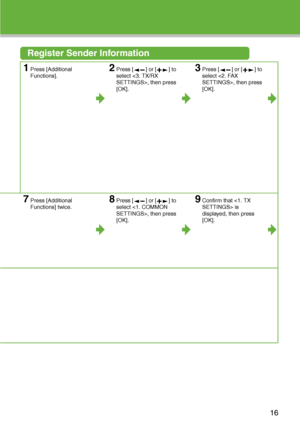 Page 17
Register Sender Information
1Press [Additional 
Functions].2Press [ ] or [ ] to 
select , then press 
[OK].3Press [ ] or [ ] to 
select , then press 
[OK].
7Press [Additional 
Functions] twice.8Press [ ] or [ ] to 
select , then press 
[OK].9Confirm that  is 
displayed, then press 
[OK].
16
 