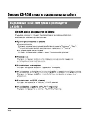 Page 28xxvi
Относно CD-ROM диска с рхдъкохfодстхfа за работа
Съдържание на CD-ROM диска с ръкохfодстхfа 
за работа
CD-ROM диск с ръкохfодстхfа за работа
СъдъТФжа описаниТ>е по-долу ТФъководсТ>ва на английски, фТФенски, 
иТ>алиански, немски и испански език.
Кратко ръководство за работа
•Основни функции
СъдъТФжа основниТ>е инсТ>ТФукции за ТФабоТ>а с функцииТ>е "КопиТФане", "Факс", 
"ПоТ>ТФебиТ>елски инТ>еТФфейс за оТ>далечено упТФавление" и "ПТФинТ>еТФ". 
•Да удовлеТ>воТФим...