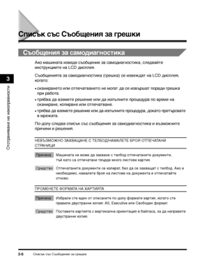 Page 84Списък със Съобщения за гТФешки3-6
ОТ>сТ>ТФаняване на неизпТФавносТ>и
3
Списък със Съобще:(ия з:яа грешки
Съобще:(ия за самодиаг:(остика
Ако машинаТ>а изведе съобщение за самодиагносТ>ика, следвайТ>е 
инсТ>ТФукцииТ>е на LCD дисплея.
СъобщенияТ>а за самодиагносТ>ика (гТФешка) се извеждаТ> на LCD дисплея, 
когаТ>о:
•сканиТФанеТ>о или оТ>печаТ>ванеТ>о не могаТ> да се извъТФшаТ> поТФади гТФешка 
пТФи ТФабоТ>а.
•Т>ТФябва да вземеТ>е ТФешение или да изпълниТ>е пТФоцедуТФа по вТФеме на 
сканиТФане, копиТФане...