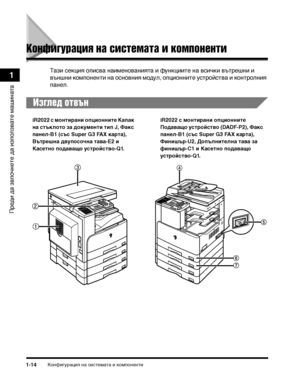 Page 46КонфигуТФация на сисТ>емаТ>а и компоненТ>и1-14
ПТФеди да започнеТ>е да използваТ>е машинаТ>а
1
Конфигурация на системата и компоненти
Tази секция описва наименованияТ>а и функцииТ>е на всички въТ>ТФешни и 
външни компоненТ>и на основния модул, опционниТ>е усТ>ТФойсТ>ва и конТ>ТФолния 
панел. 
Изглед отхfън
iR2022 с мо:(тира:(и оп:Фио:(:(ите Капак 
:(а стъклото за докуме:(ти тип J, Факс 
па:(ел-B1 (със Super G3 FAX карта), 
Вътреш:(а двупосоч:(а тава-E2 и 
Касет:(о подаващо устройство-Q1. iR2022 с...