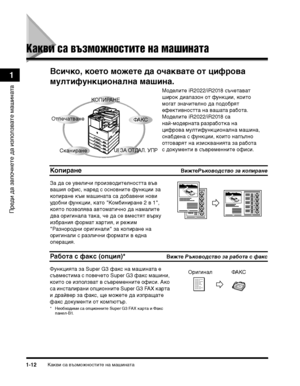 Page 44Какви са възможносТ>иТ>е на машинаТ>а1-12
ПТФеди да започнеТ>е да използваТ>е машинаТ>а
1
Какхfи са хfъзможностите на машинахдта
Всичко, което можете да очаквате от :Фифрова 
мултифу:(к:Фио:(ал:(а маши:(а.
МоделиТ>е iR2022/iR2018 съчеТ>аваТ> 
шиТФок диапазон оТ> функции, коиТ>о 
могаТ> значиТ>елно да подобТФяТ> 
ефекТ>ивносТ>Т>а на вашаТ>а ТФабоТ>а. 
МоделиТ>е iR2022/iR2018 са 
най-модеТФнаТ>а ТФазТФабоТ>ка на 
цифТФова мулТ>ифункционална машина, 
снабдена с функции, коиТ>о напълно 
оТ>говаТФяТ> на...